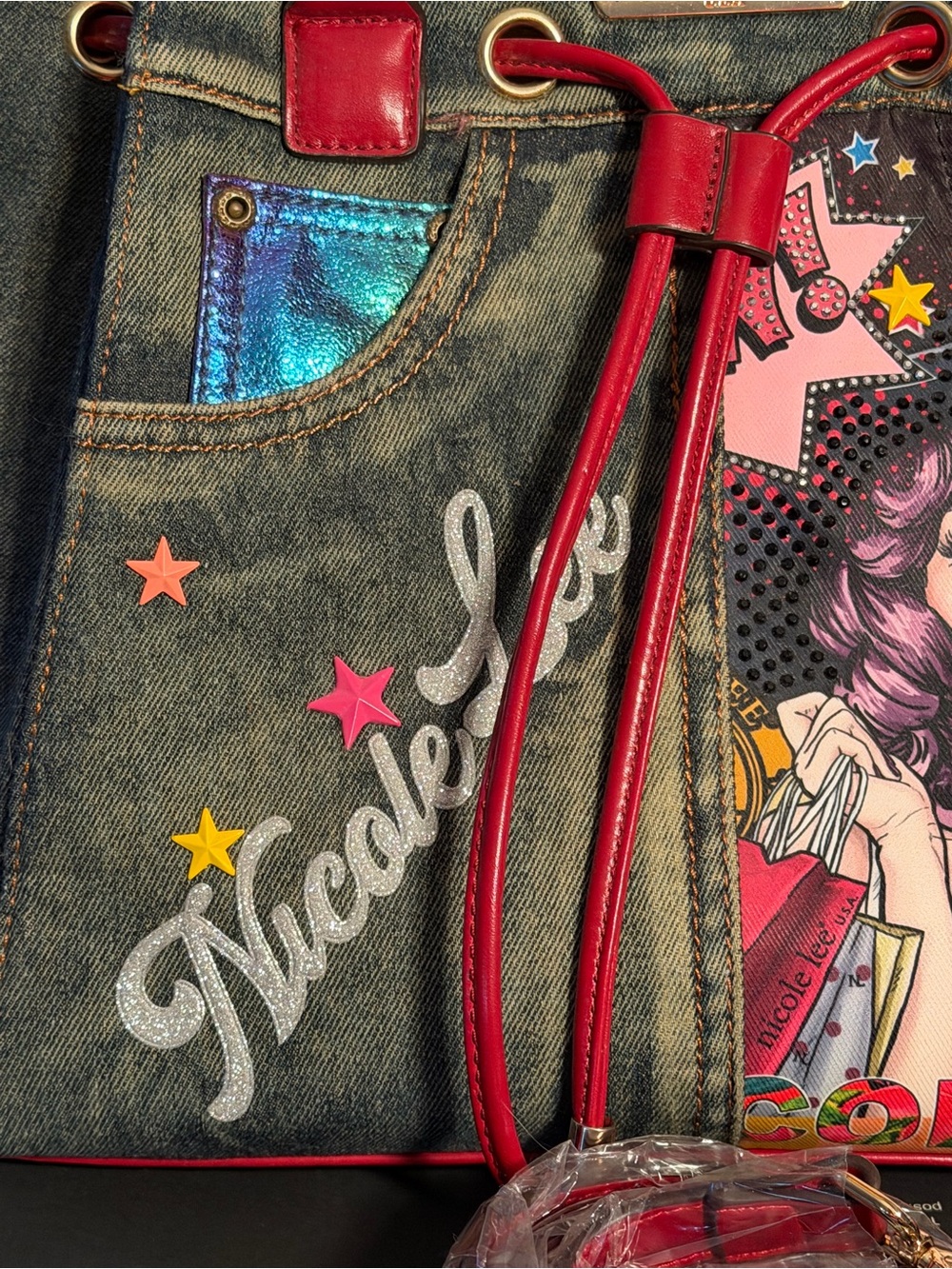 Nicole Lee Pre-Loved Fun Denim Retro Bling Pop-Art Tote with Red Handles (P248) - Picture 11 of 12